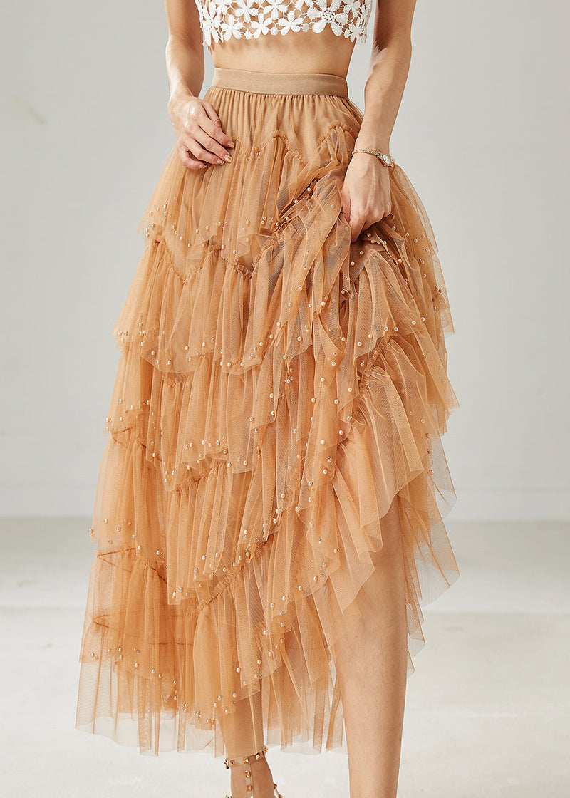Khaki Nail Bead Tulle Vacation Skirts Summer