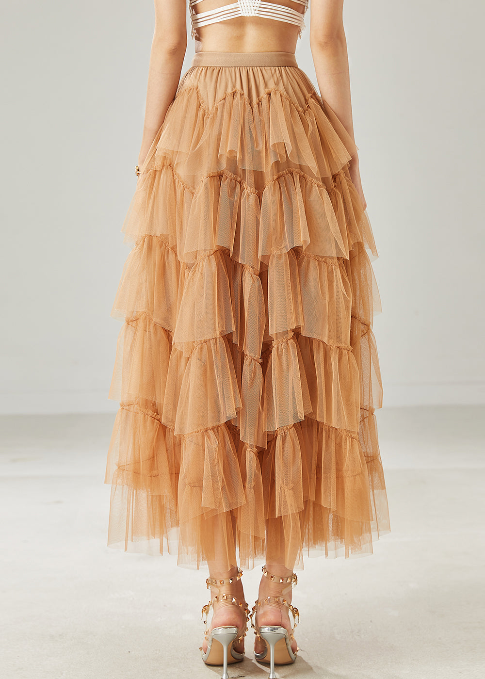 Khaki Nail Bead Tulle Vacation Skirts Summer