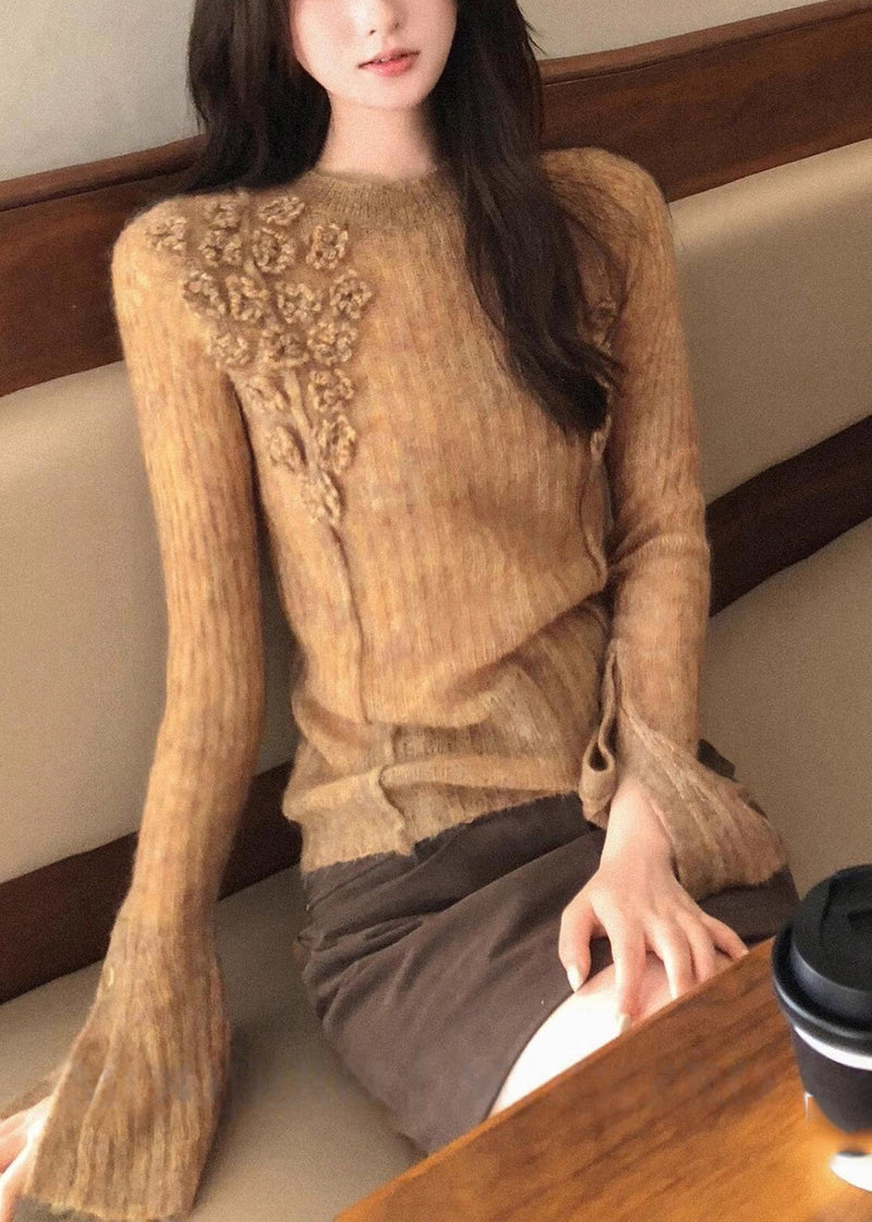 Khaki O-neck Cotton Knit Sweater Flare Sleeve
