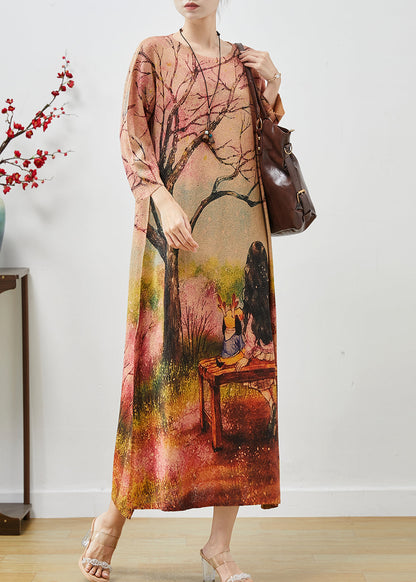 Khaki Oversized Print Knit Long Dresses Fall