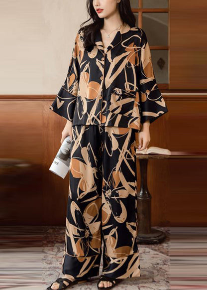 Khaki Peter Pan Collar Print Ice Silk Two Piece Set Spring