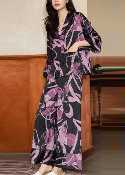 Khaki Peter Pan Collar Print Ice Silk Two Piece Set Spring