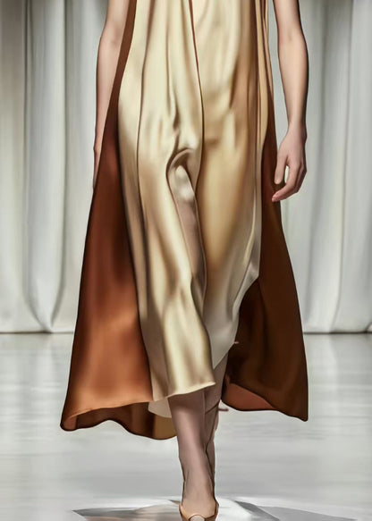 Khaki V Neck Patchwork Silk Robe Dresses Summer