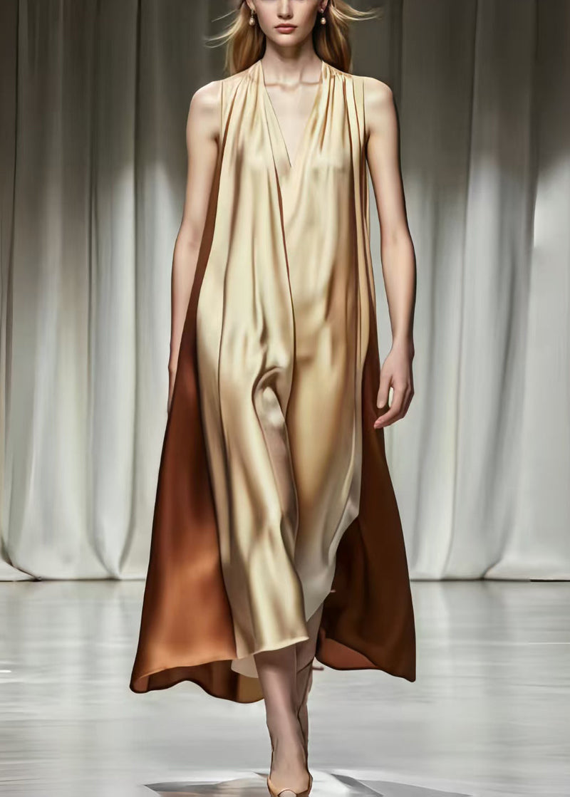 Khaki V Neck Patchwork Silk Robe Dresses Summer
