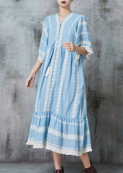 Lake Blue Oversized Drawstring Cotton Maxi Dresses Summer