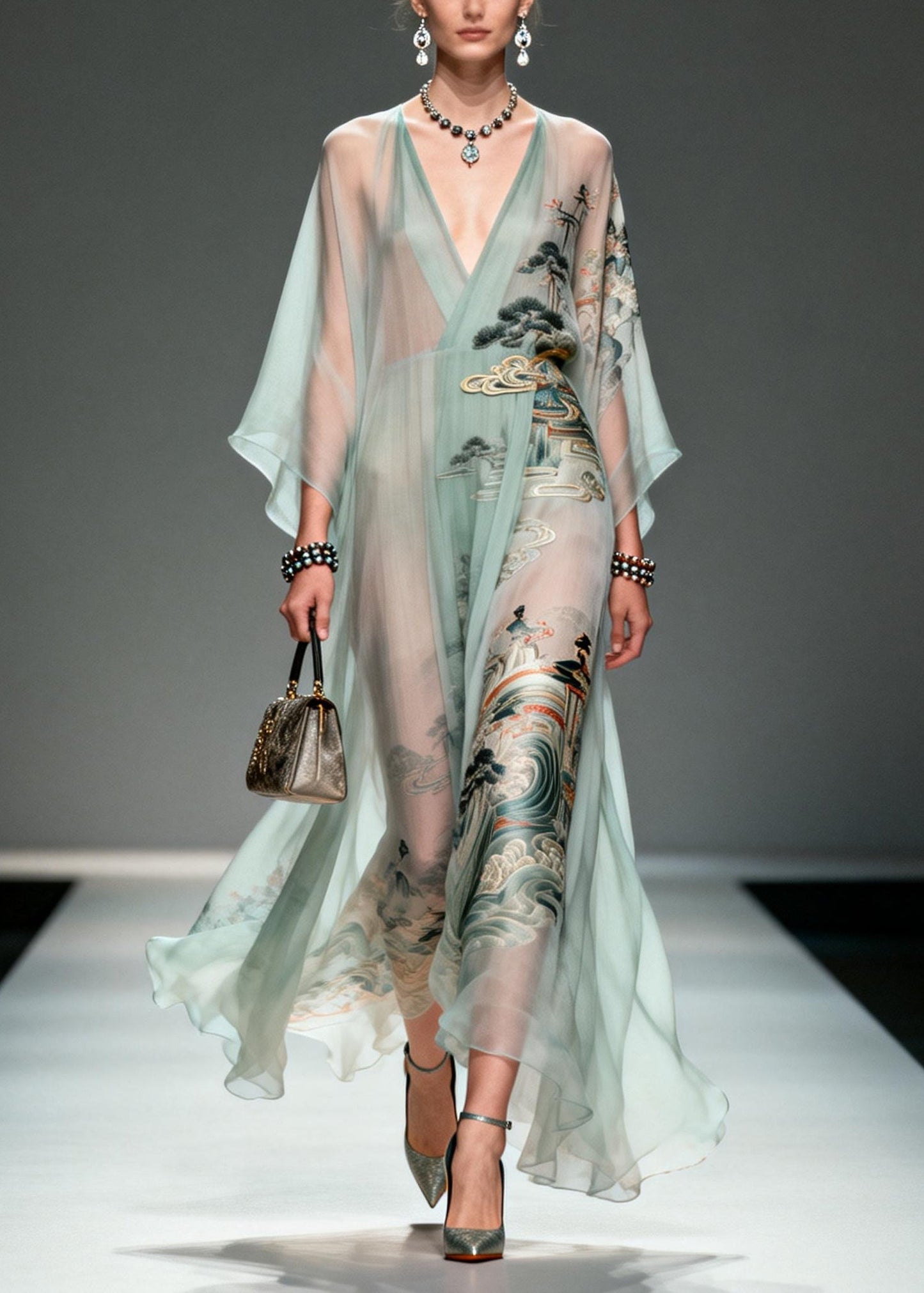 Lake Green Oversized Print Chiffon Robe Dresses Summer