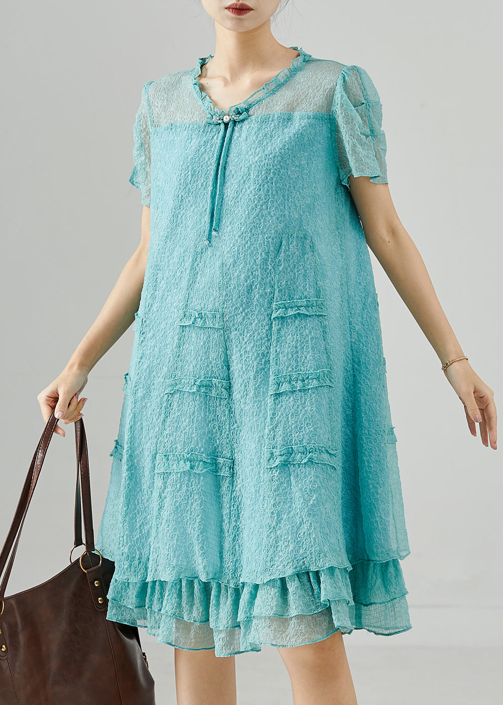 Lake Green Tasseled Ruffled Silk Dress Summer