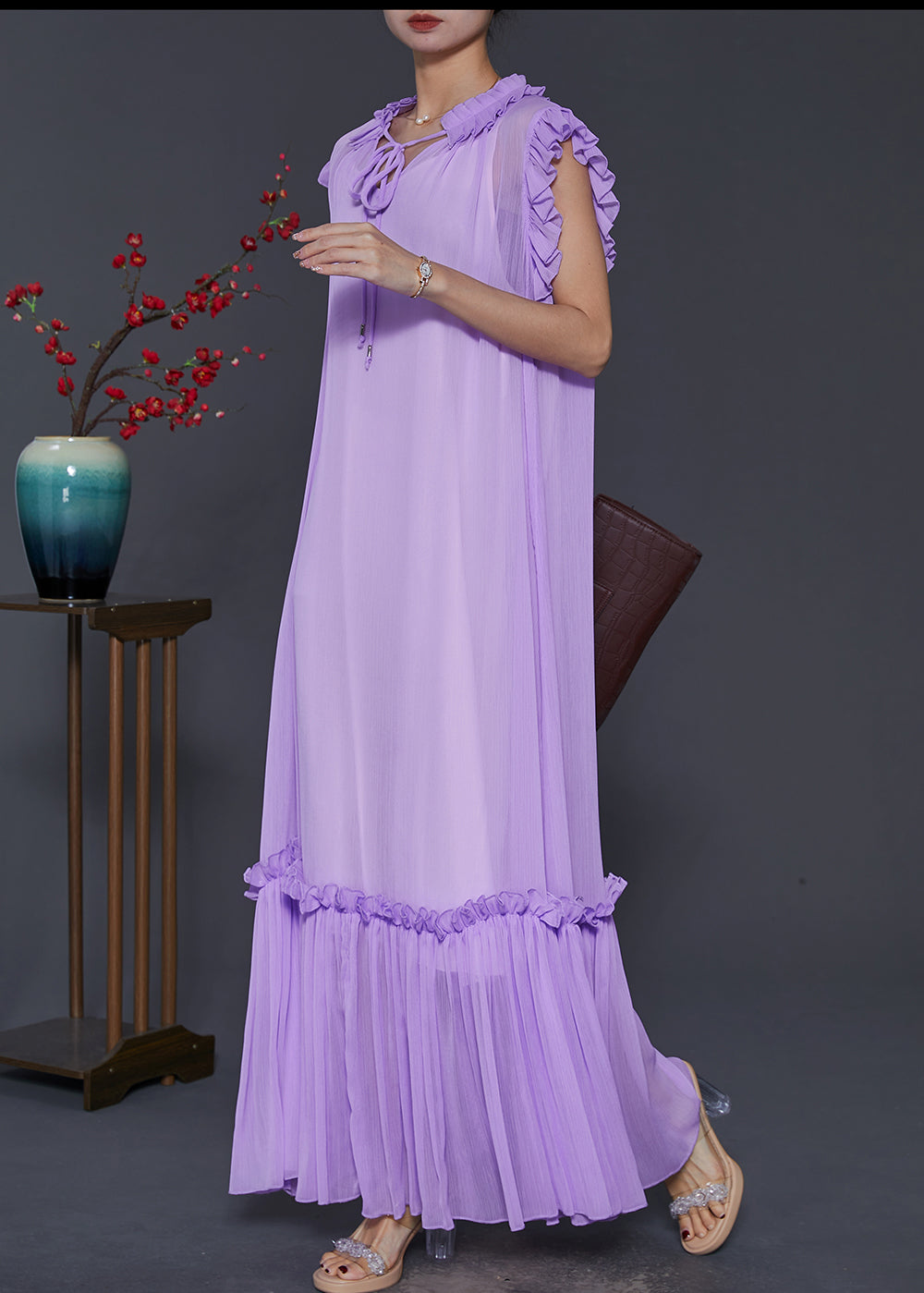 Lavender Ruffled Chiffon Long Dress Two-piece Set Summer