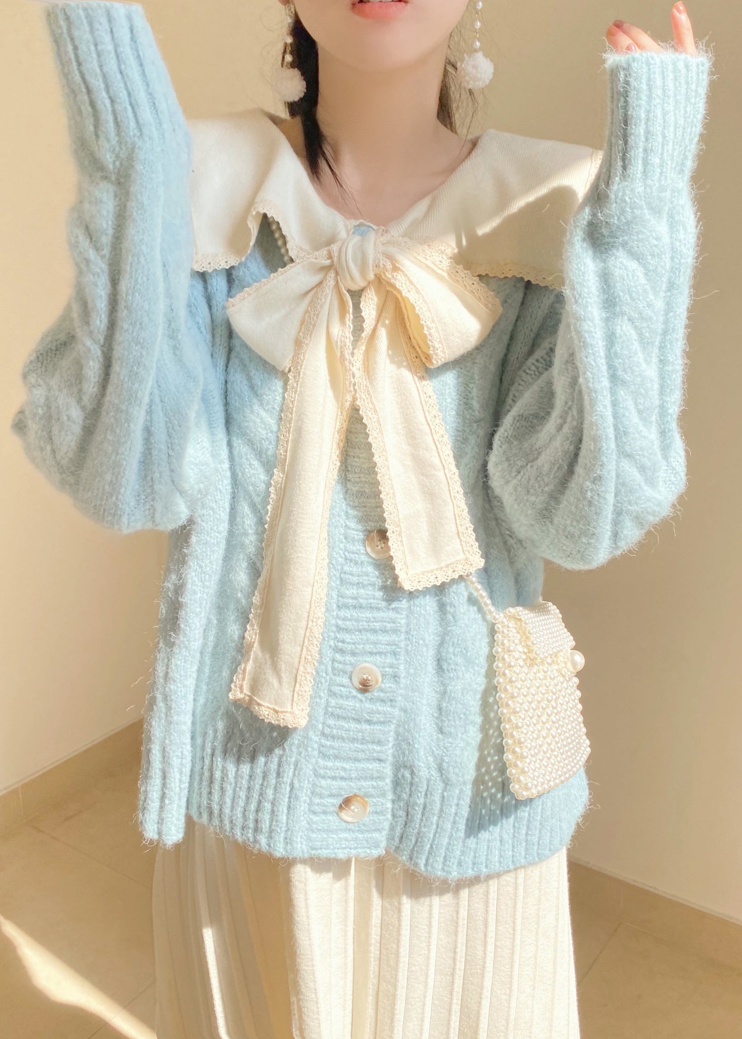Light Blue Bow Collar Cozy Knit Sweater Tops Winter
