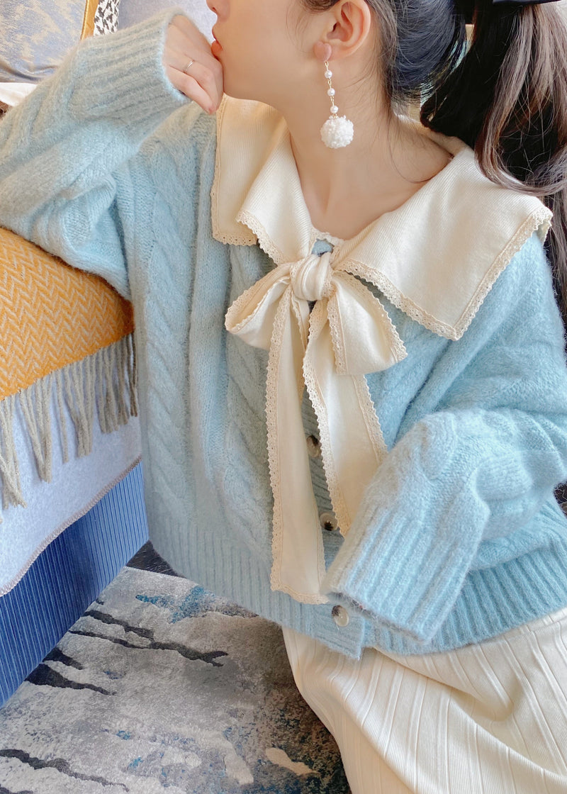 Light Blue Bow Collar Cozy Knit Sweater Tops Winter