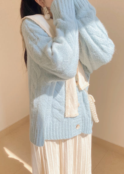 Light Blue Bow Collar Cozy Knit Sweater Tops Winter