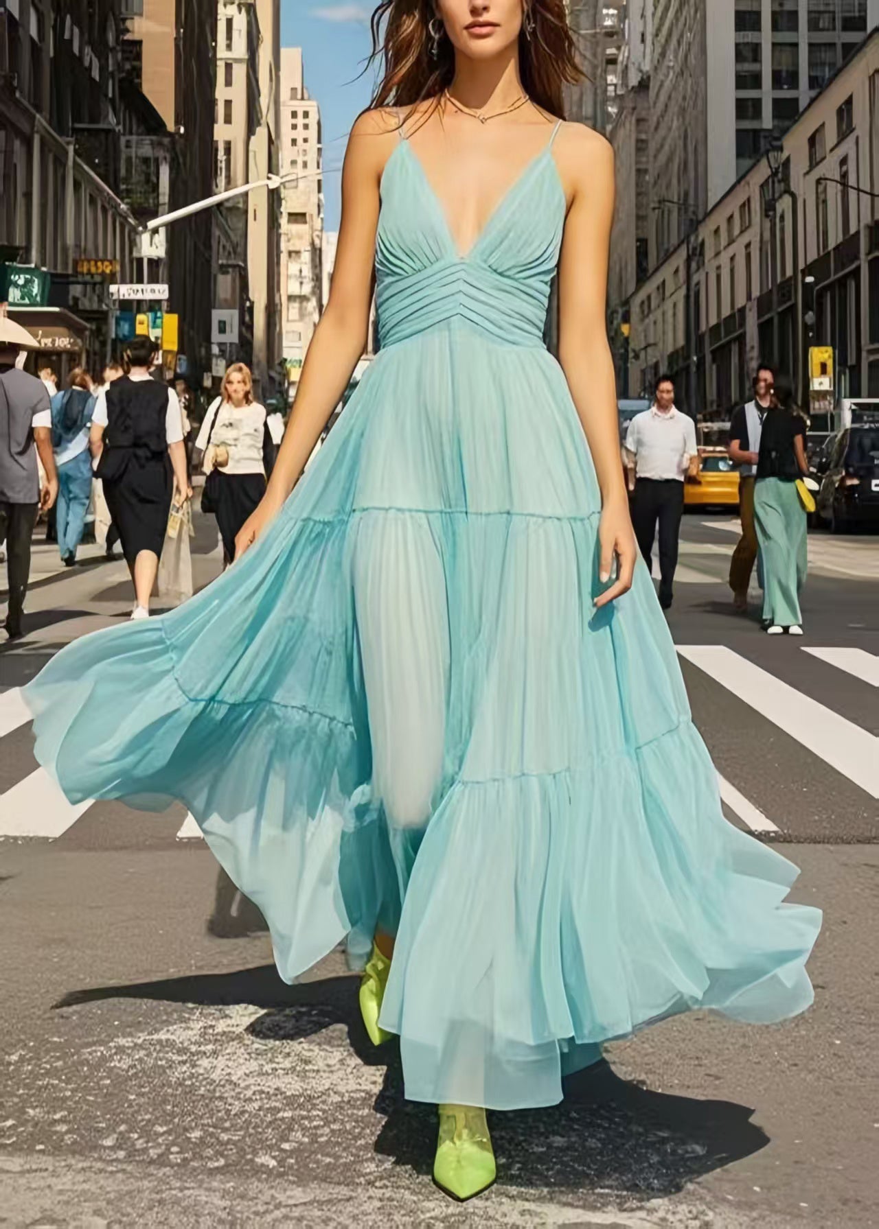 Light Blue Exra Large Hem Chiffon Cami Dresses Summer