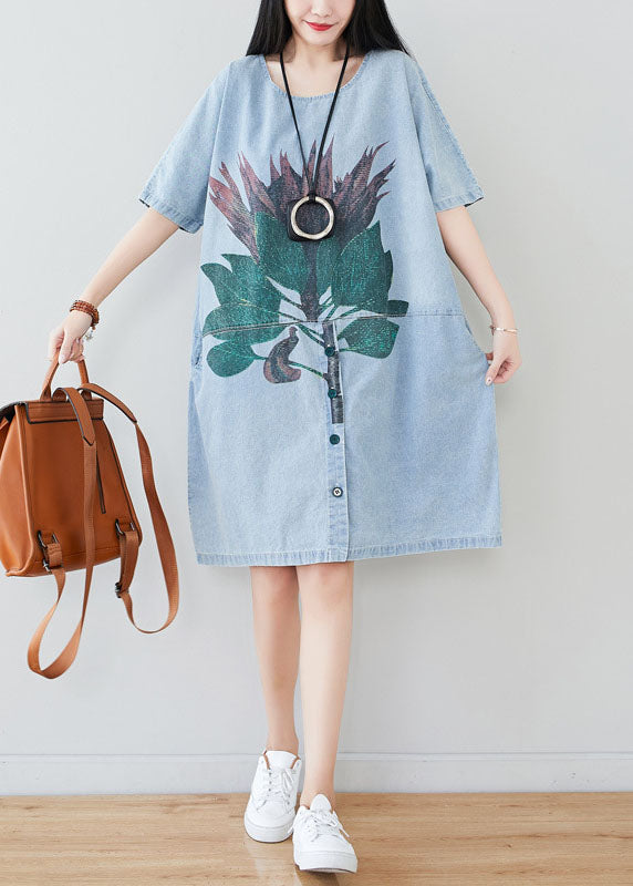 Light Blue Oversized Patchwork Print Cotton Denim Dress Summer