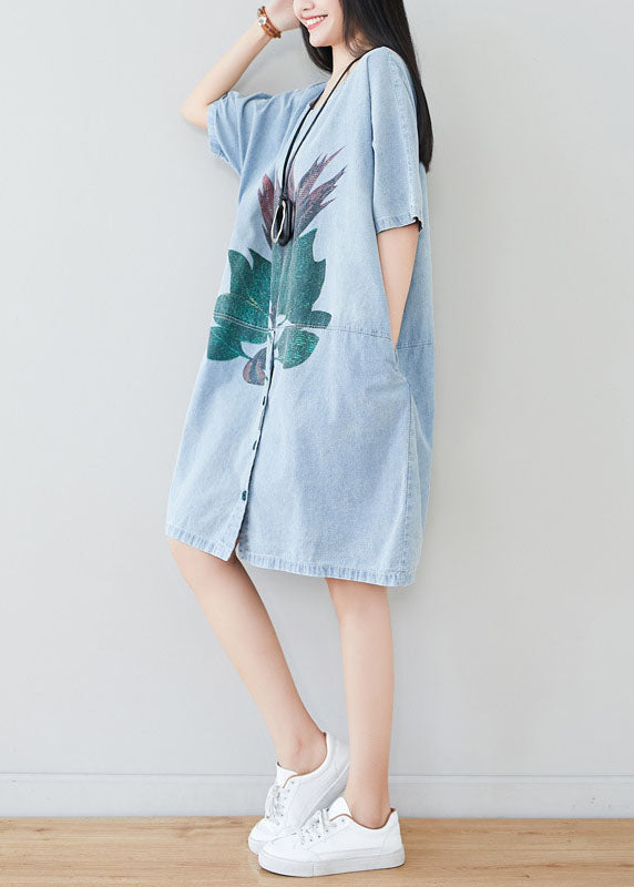 Light Blue Oversized Patchwork Print Cotton Denim Dress Summer