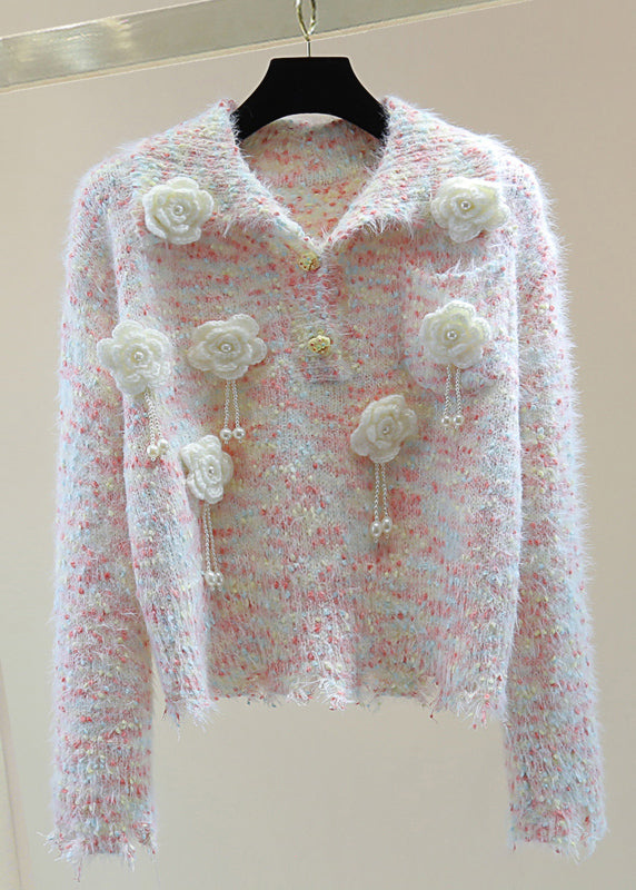Light Blue Peter Pan Collar Tassel Thick Cotton Knitted Sweater Winter