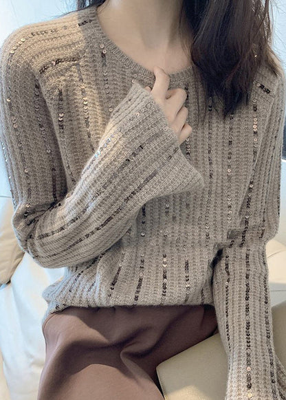 Light Brown O Neck Sequins Knit Sweaters Long Sleeve