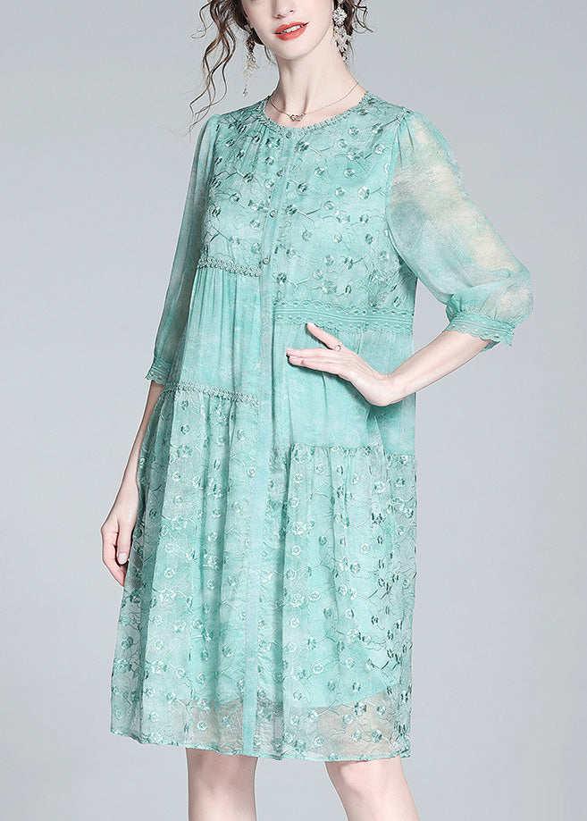 Light Green O-neck Embroideried Button Long Dresses Summer
