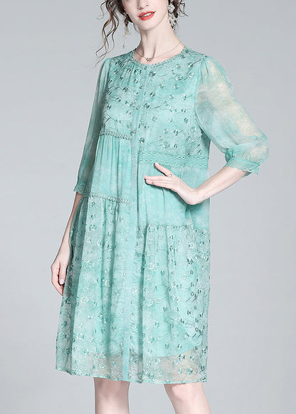 Light Green O-neck Embroideried Button Long Dresses Summer