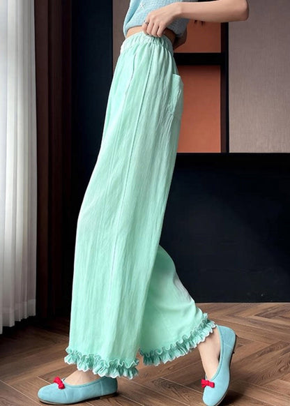 Light Green Ruffled Patchwork Wide Leg Pants Summer