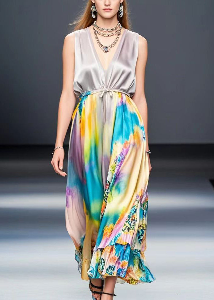 Light Purple Cinched Tie Dye Silk Long Dress Sleeveless