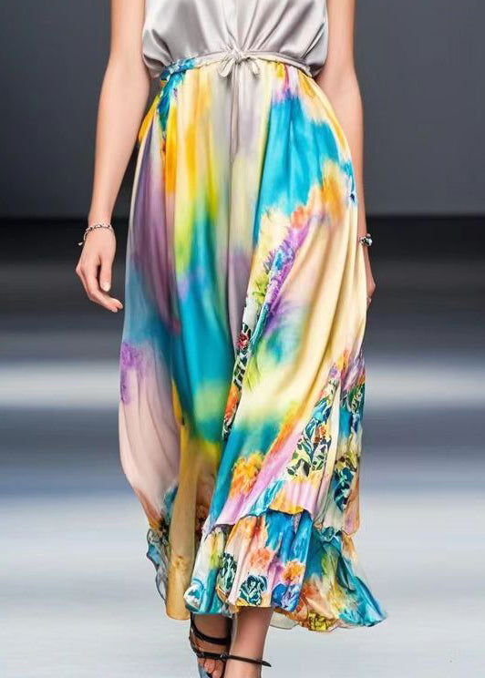 Light Purple Cinched Tie Dye Silk Long Dress Sleeveless