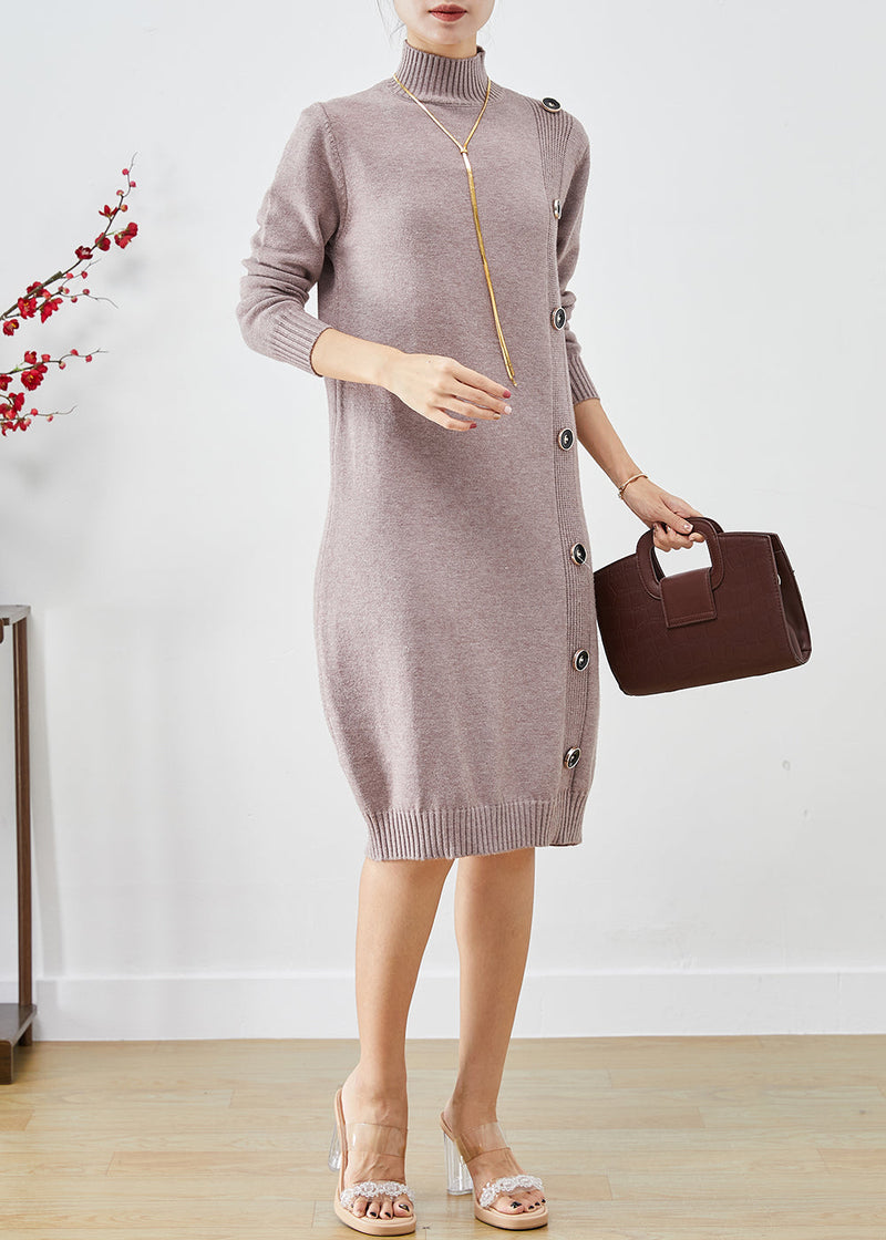 Light Purple High Neck Button Knit Dress Winter