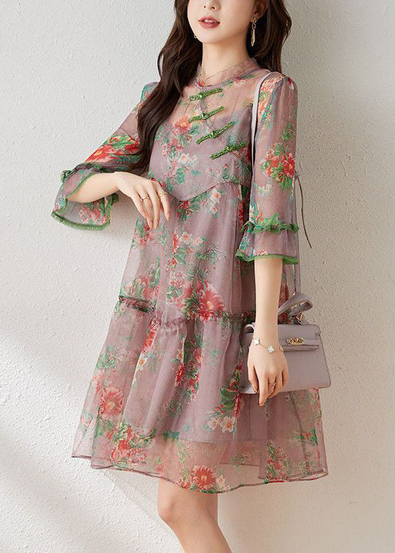 Light Purple Ruffled Chinese Button Print Tulle Oriental Dresses Summer