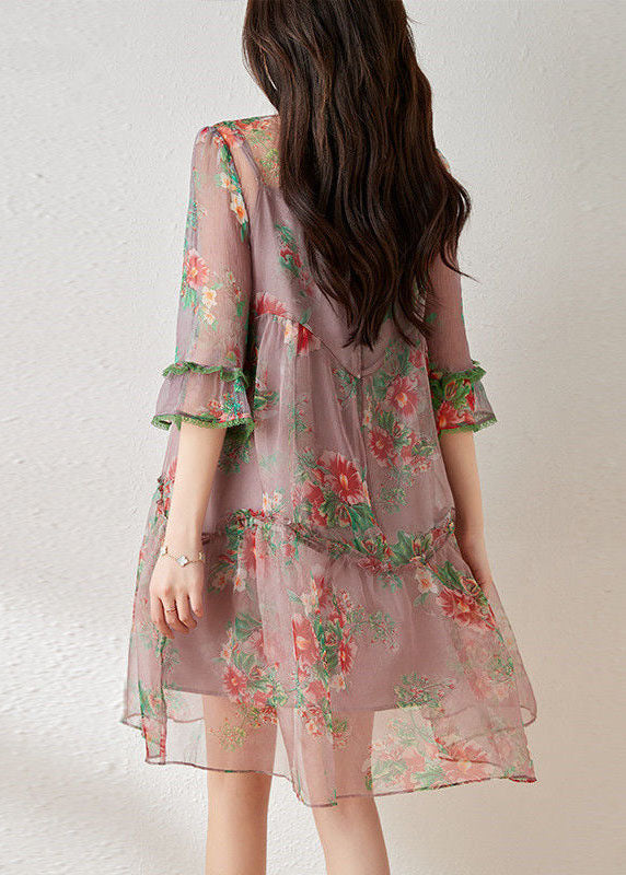 Light Purple Ruffled Chinese Button Print Tulle Oriental Dresses Summer