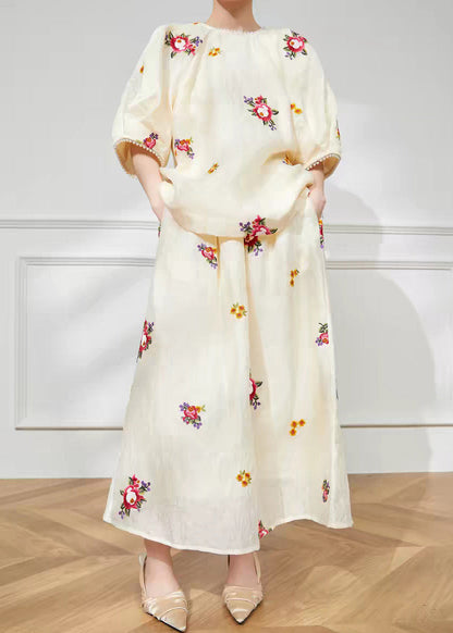 Light Yellow Print Top and Maxi Skirts Two Pieces Set Short Sleeve