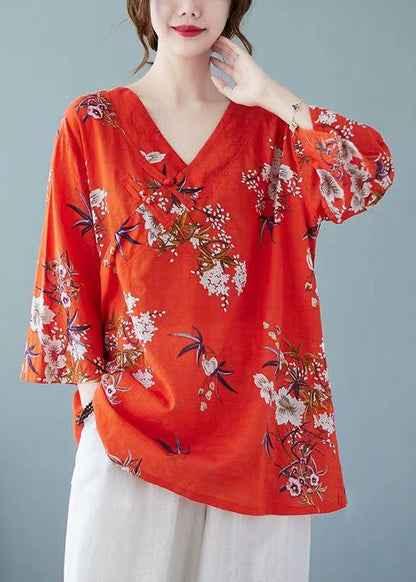 Loose Red V Neck Print Cotton Top Summer