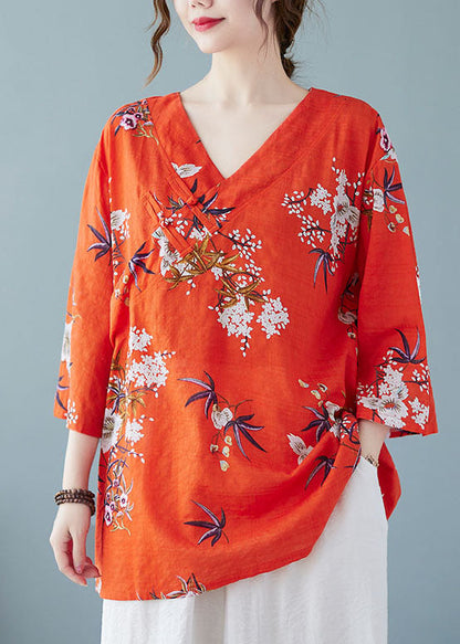 Loose Red V Neck Print Cotton Top Summer