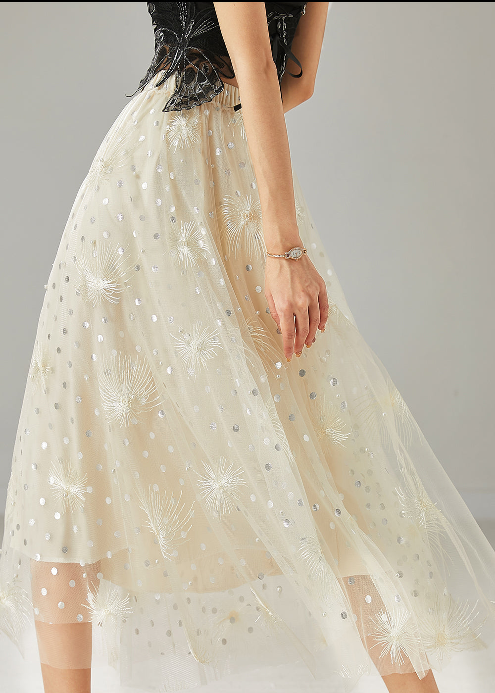 Milk White Embroidered Sequins Tulle Skirts Summer