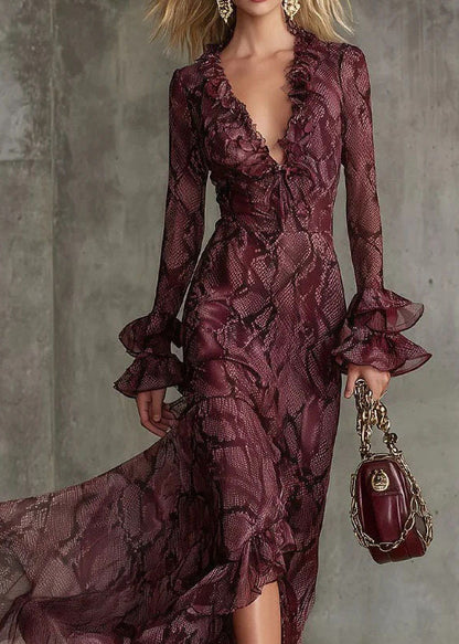 Mulberry Ruffled Print Chiffon Ankle Dress Flare Sleeve