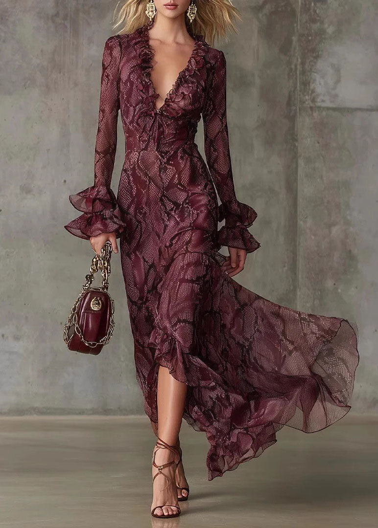 Mulberry Ruffled Print Chiffon Ankle Dress Flare Sleeve