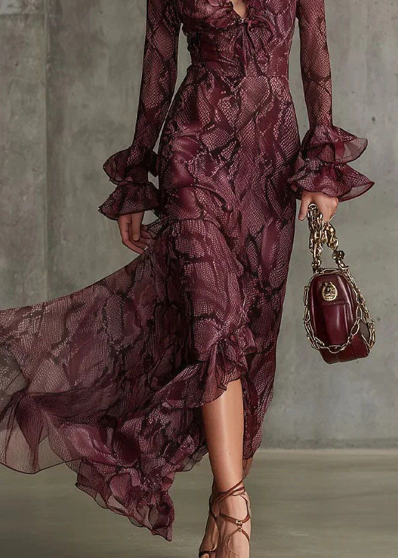 Mulberry Ruffled Print Chiffon Ankle Dress Flare Sleeve
