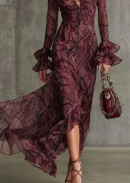 Mulberry Ruffled Print Chiffon Ankle Dress Flare Sleeve