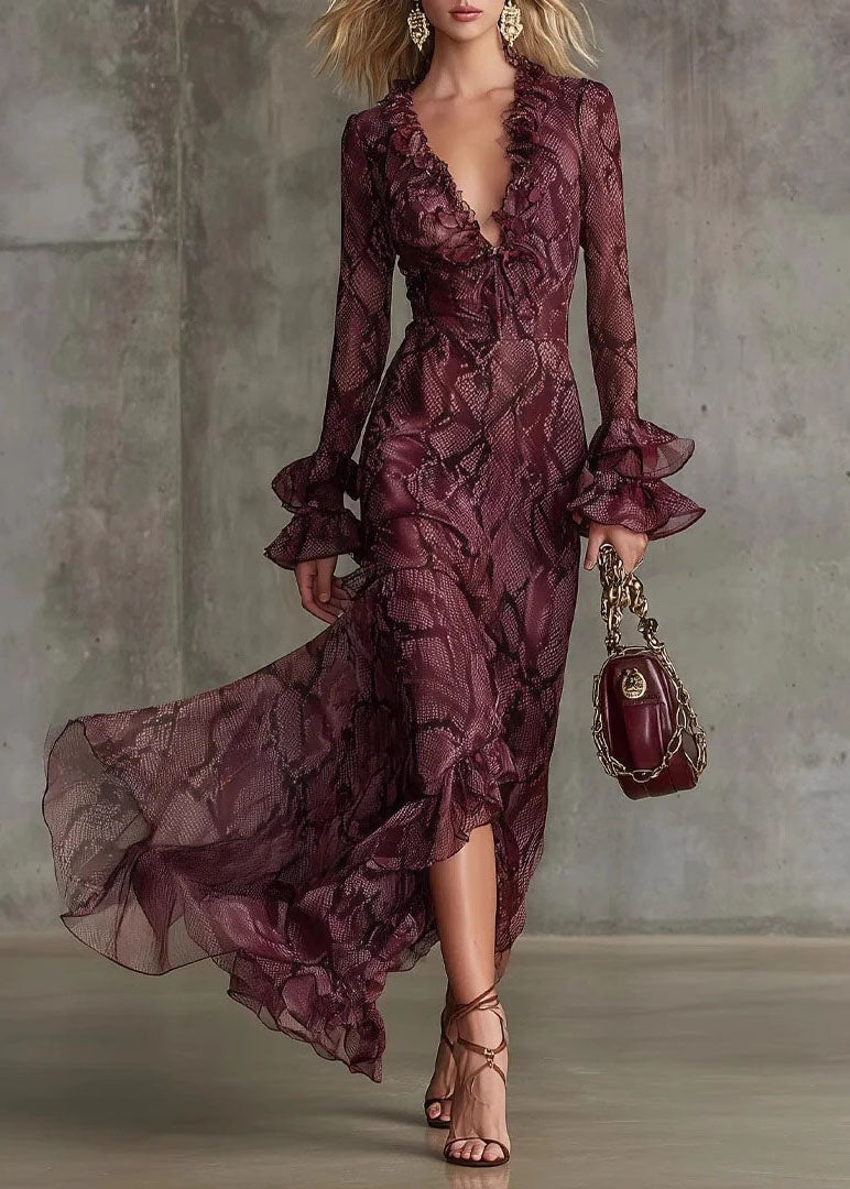 Mulberry Ruffled Print Chiffon Ankle Dress Flare Sleeve