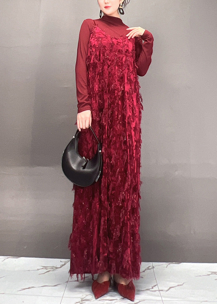 Mulberry Tassel Top and Maxi Dress Two Pieces Set Spring