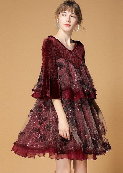 Mulberry V Neck Organza Patchwork Silk Velour Dresses Flare Sleeve