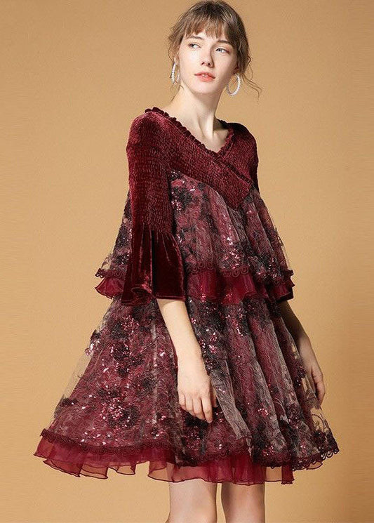 Mulberry V Neck Organza Patchwork Silk Velour Dresses Flare Sleeve