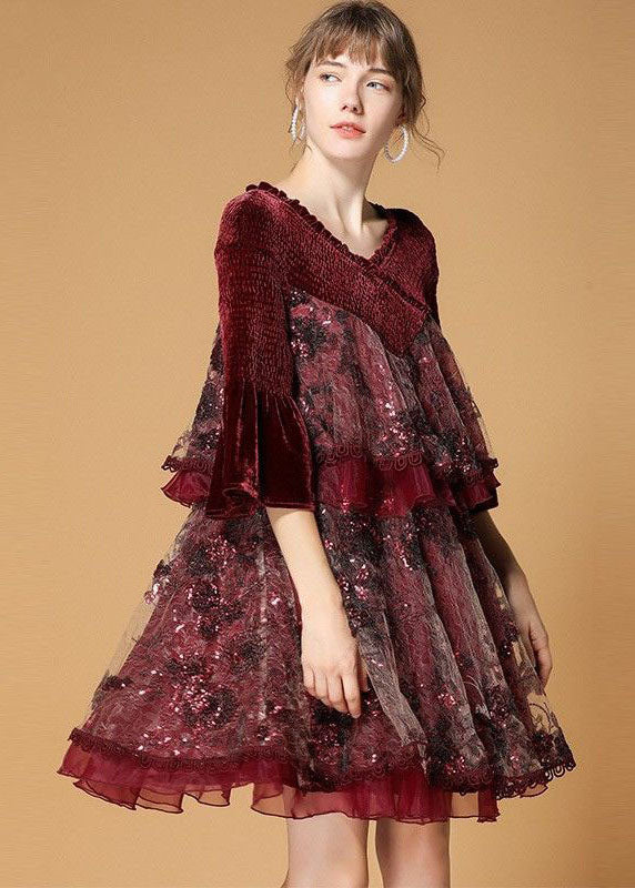 Mulberry V Neck Organza Patchwork Silk Velour Dresses Flare Sleeve