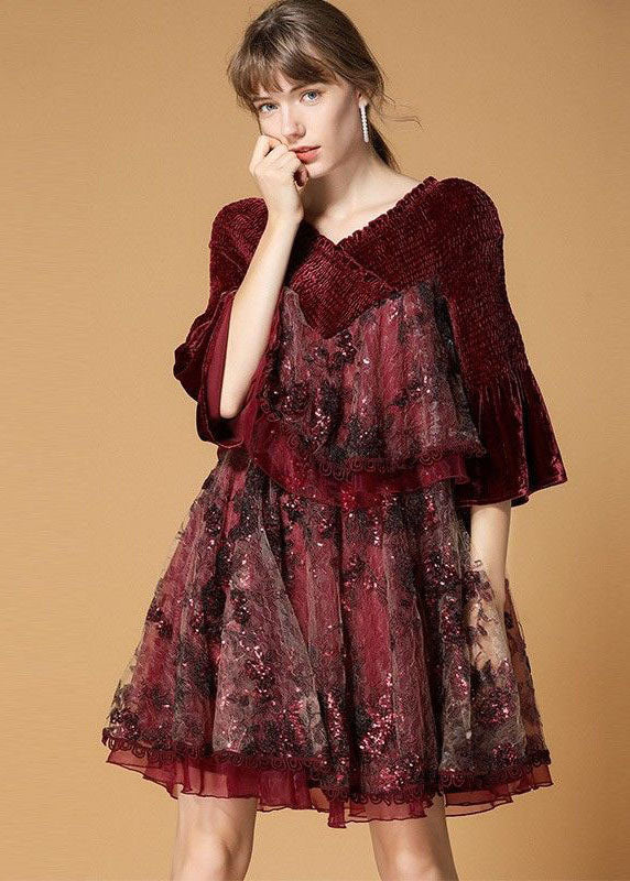 Mulberry V Neck Organza Patchwork Silk Velour Dresses Flare Sleeve