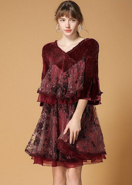 Mulberry V Neck Organza Patchwork Silk Velour Dresses Flare Sleeve