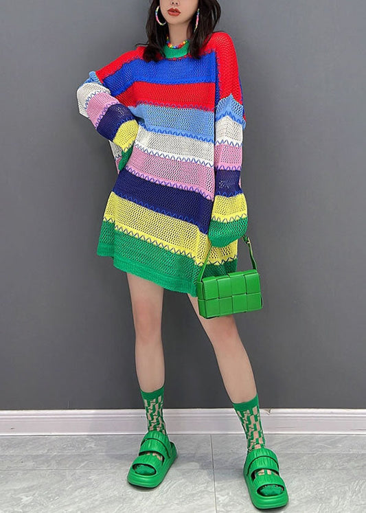 Multi Striped O-neck Hollow Out Knit Sweater Dress Winter