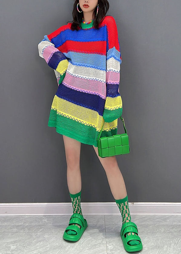 Multi Striped O-neck Hollow Out Knit Sweater Dress Winter