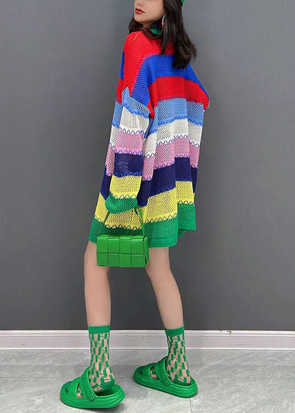 Multi Striped O-neck Hollow Out Knit Sweater Dress Winter