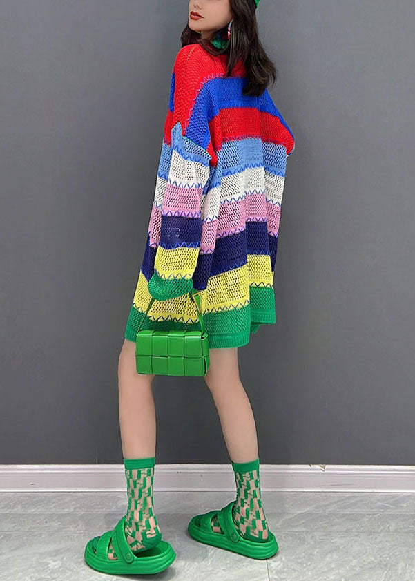 Multi Striped O-neck Hollow Out Knit Sweater Dress Winter