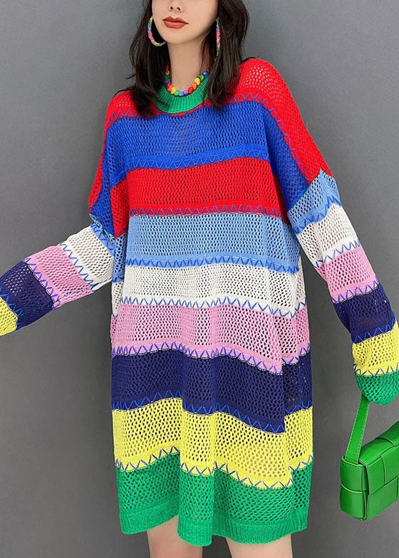 Multi Striped O-neck Hollow Out Knit Sweater Dress Winter