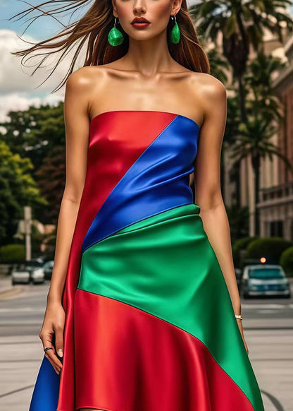 Multicolor Asymmetrical Patchwork Silk Strapless Dress Summer