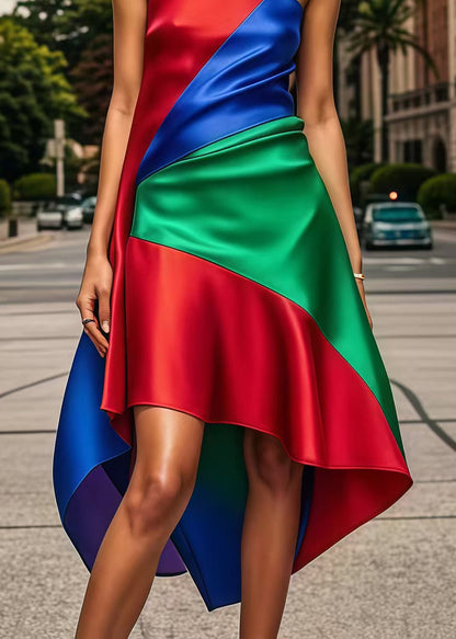 Multicolor Asymmetrical Patchwork Silk Strapless Dress Summer